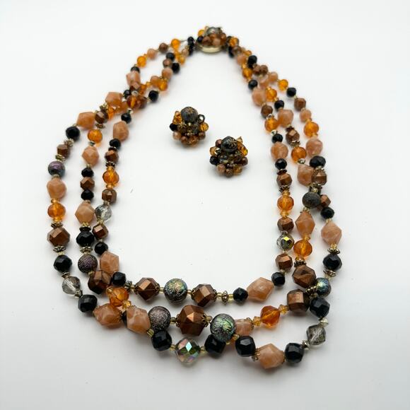 Vintage Western Germany Marked Faceted Neutral Stone Triple Strand Necklace Set - Picture 7 of 7